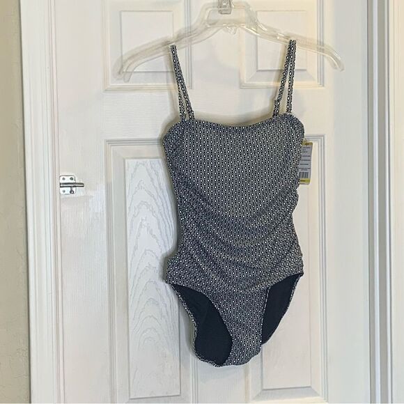 Womens DKNY One Piece Swimsuit Black/White Print Size Medium UPF Protect - Picture 3 of 11